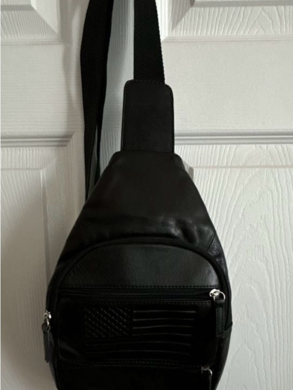 Black Leather Crossbody Sling Bag with American Flag Accent